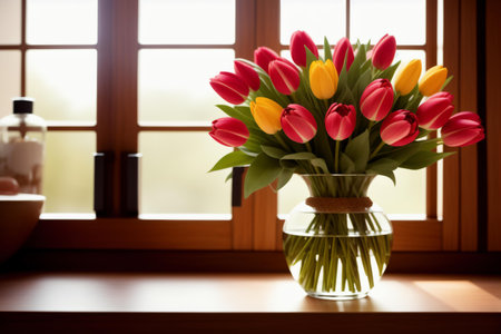 Bouquet of tulips in a vase on the windowsillの素材