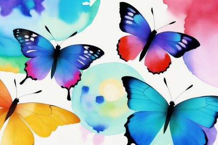 butterflies on abstract watercolor background, beautiful photo digital pictureの素材