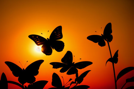 silhouette of butterfly on sunset background, nature and ecology conceptの素材