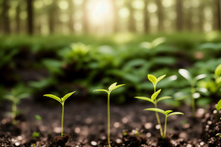 Young green sprouts growing in the soil. Concept of new life.の素材