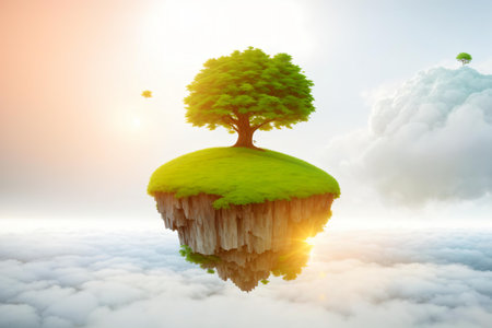 Tree on island in the clouds with sunlight. 3D illustration.の素材