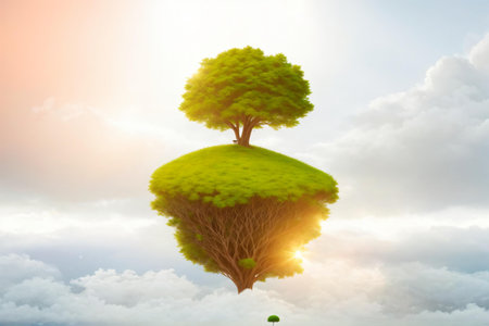 Green island with tree and sun in the sky. 3d renderingの素材