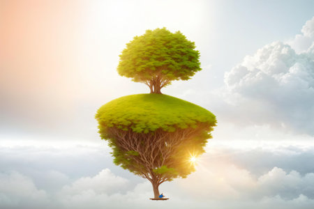 Green tree in the sky. 3D illustration.の素材