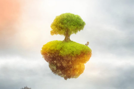 Ecology concept with green tree floating in the sky. mixed mediaの素材