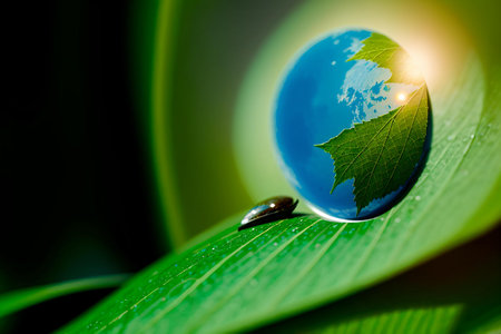 Planet earth on green leaf with water drop. World environment day concept.の素材