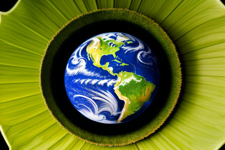 Planet earth on a green leaf.の素材