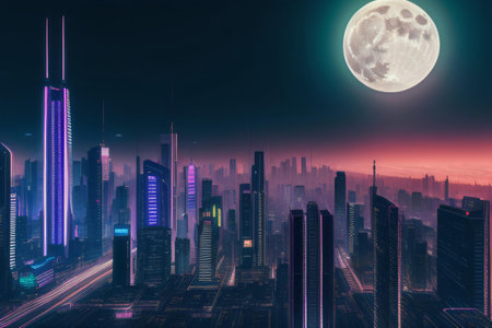 Futuristic city at night with full moon. 3d renderingの素材