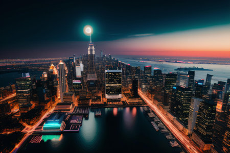 New York City Manhattan midtown skyline panorama with skyscrapers illuminated at night.の素材