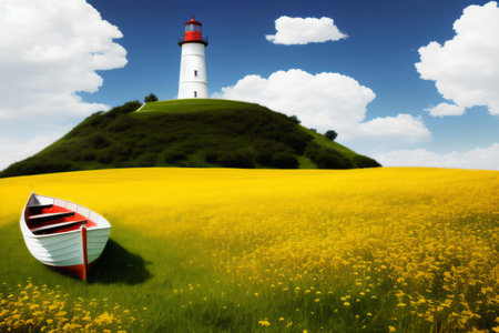 Lighthouse and boat on a meadow with yellow flowers and blue skyの素材