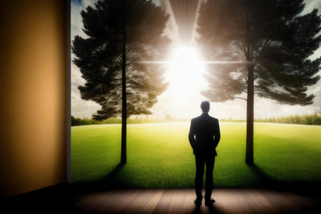 Businessman looking at the sunset in the forest. concept of successの素材