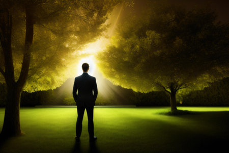 Silhouette of a businessman standing in front of a green treeの素材