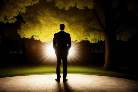Silhouette of a businessman standing in a park at night.の素材