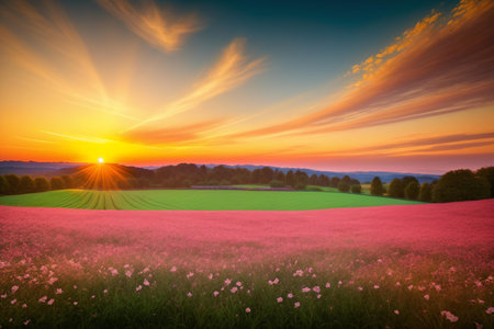 Sunset over the field with pink flowers and mountains in the backgroundの素材