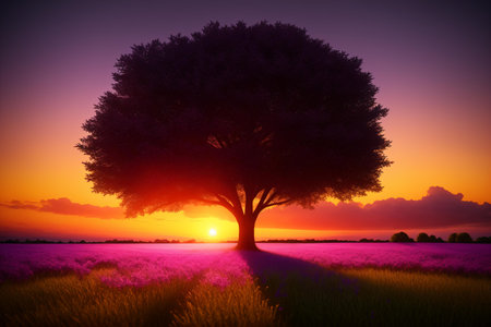 Lonely tree in the field at sunset. 3d renderingの素材