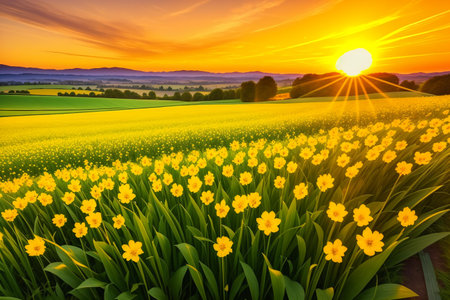 Sunset over a field of yellow daffodils in springの素材