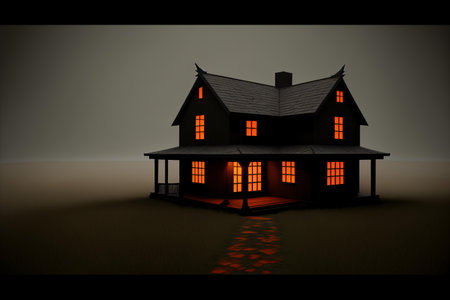 Halloween haunted house with reflection in the water, 3d renderの素材