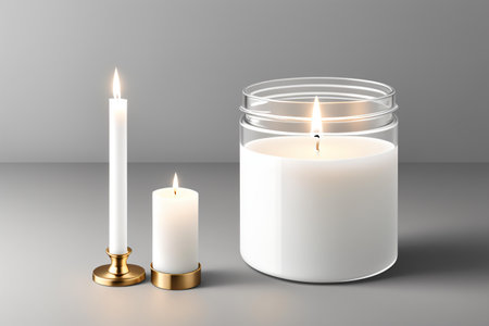 3d rendering of white wax candles in glass jar on gray backgroundの素材