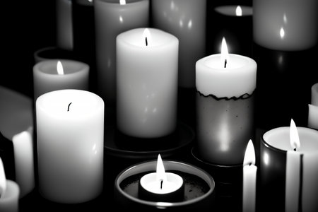 Burning candles in black and white. Selective focus. Toned.の素材