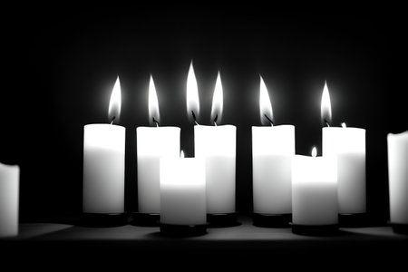 3d rendering of white candles on a black background with room for textの素材