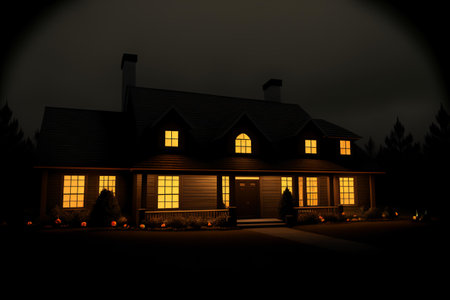 Night view of the house in the village. 3D rendering.の素材