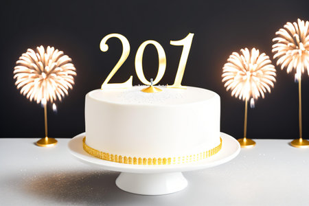 Happy new year cake with number 2017 and fireworks on the black backgroundの素材