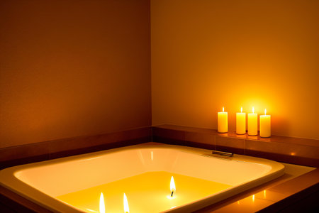 Bathtub in the bathroom with candles on orange wall background.の素材