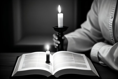 Man reading the holy bible with a lit candle on a dark backgroundの素材