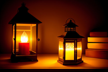 Lanterns and books on the table. 3D renderingの素材