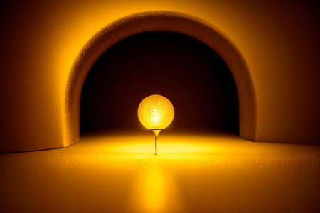 Golf ball in the hole in the yellow light. 3d renderingの素材