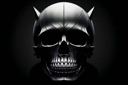 Black metal skull on a black background. 3d render illustration.の素材