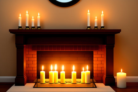 Burning candles in the fireplace. 3d rendering. Illustration.の素材