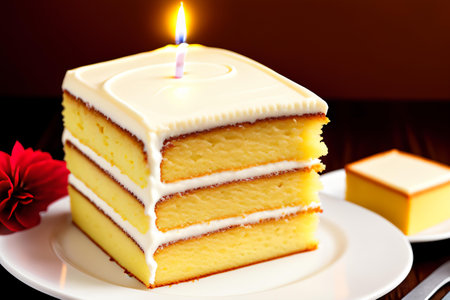 Birthday cake with candle on wooden table. Shallow dof.の素材