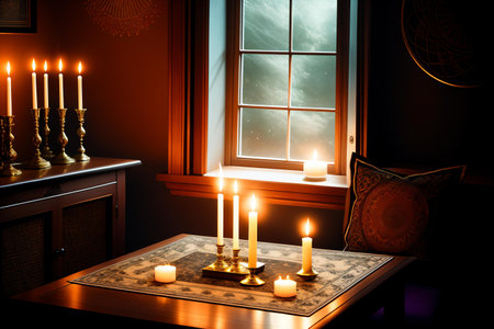 Burning candles on a table in a dark room with a windowの素材