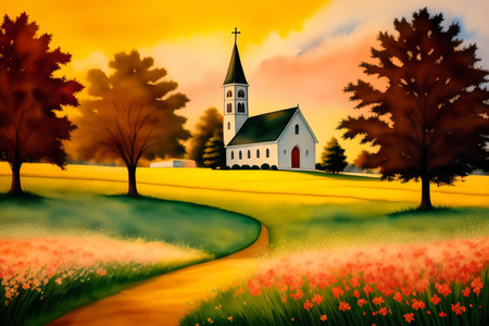 Beautiful spring landscape with church and tulip field. Digital painting.の素材