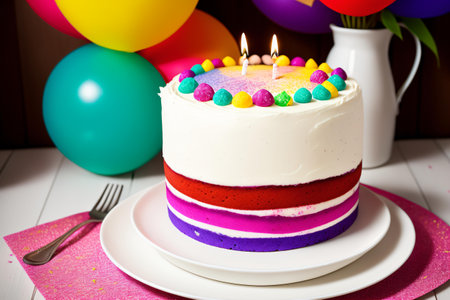 Birthday cake with candle and balloons on a wooden background. Selective focus.の素材