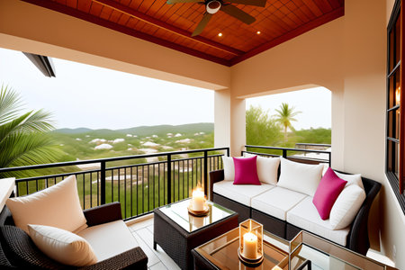 Sofa with pillows on the terrace overlooking the seaの素材