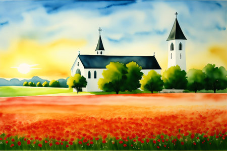 Church in the field with red poppies. Vector illustration.の素材