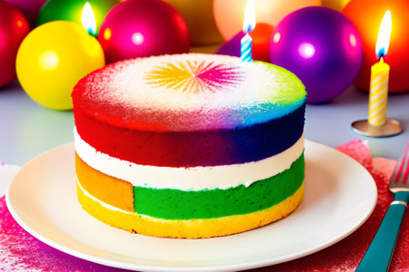 Birthday cake with candles and colorful balls on a white background.の素材