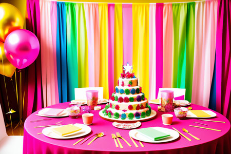 Birthday cake on the table with colorful balloons and cake in the backgroundの素材