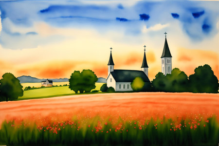 Beautiful rural landscape with church and meadow. Digital painting.の素材