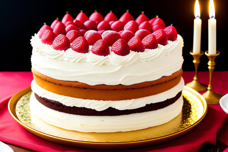 Birthday cake with strawberries and candles on red cloth. Shallow dof.の素材