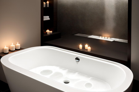 Modern bathroom interior with white bathtub and candles. 3d renderの素材
