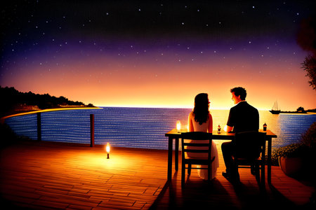 Romantic dinner by the sea at night. Silhouette of a man and a woman on the terraceの素材