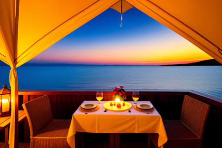 Romantic dinner in a tent on the sea coast at sunset.の素材