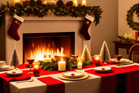 Christmas table setting in front of fireplace with christmas tree and presentsの素材