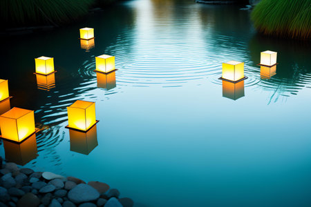 Lanterns in a pond in a Japanese garden in springの素材