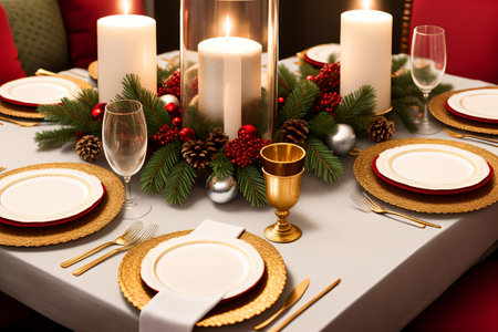Christmas table setting with candles, plates and cutlery, closeupの素材