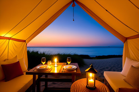 Tent on the beach at sunset with a view of the seaの素材