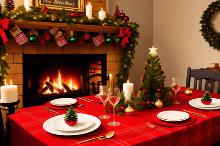 Christmas dinner in living room with fireplace and christmas tree. 3d render.の素材
