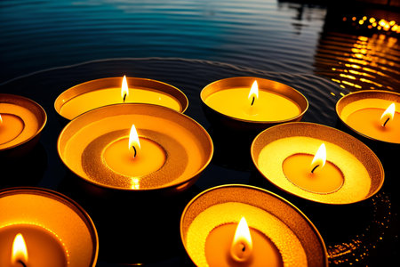 Burning candles in the dark with reflection on water, close upの素材